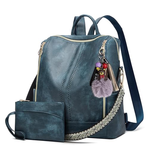 Makes Backpack Purse for Women PU Leather Travel Satchel Handbag Convertible Design Bag with Purse - color: Blue Quadruple Zipper