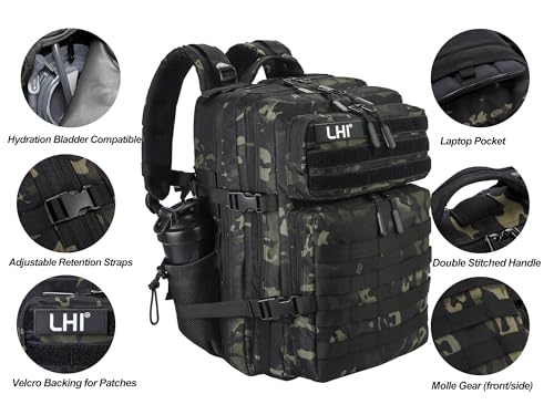 LHI Military Tactical Backpack for Men and Women 45L Army 3 Days Assault Pack Bag Large Rucksack with Molle System - Black CP - color: 1.9 Black Cp