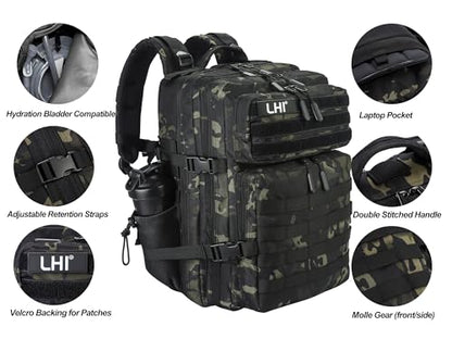LHI Military Tactical Backpack for Men and Women 45L Army 3 Days Assault Pack Bag Large Rucksack with Molle System - Black CP - color: 1.9 Black Cp