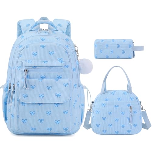 Bevalsa Backpack for Girls, 3PCS Corduroy Kids Backpack Set with Lunch Box & Pencil Pouch, Bookbag Daypack Laptop Bag for Women Teens Elementary Middle High School - color: Blue Bow
