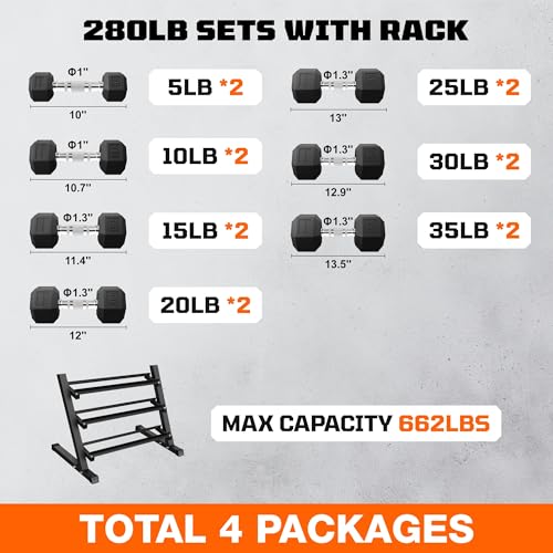 Dumbbell Sets with Rack, Rubber Hex Dumbbells, 160/220/280/360/450/550LBS, Hand Weights with Chrome Handle for Strength Training - color: 280lbs with Rack