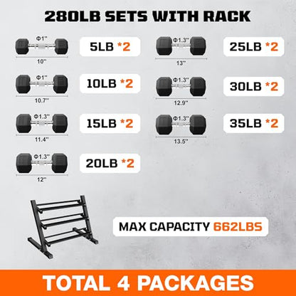 Dumbbell Sets with Rack, Rubber Hex Dumbbells, 160/220/280/360/450/550LBS, Hand Weights with Chrome Handle for Strength Training - color: 280lbs with Rack