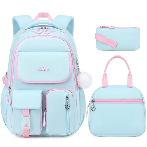 DIGOBAY Backpacks for Girls, 3PCS School Backpack with Lunch Box Pencil Pouch for Teen Girls Kids Elementary Primary Middle High College Travel School bag Bookbag Set Aquamarine-pink - color: Aquamarine-pink