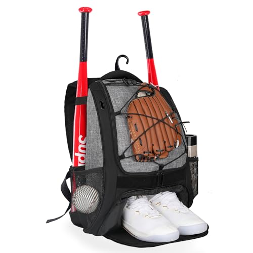 Goloni | Baseball Backpack,Baseball Bag for Adult,Softball Bat Bag with Shoes Compartment,Large Main Compartment for Helmet & accessories, Fence Hook - color: Grey