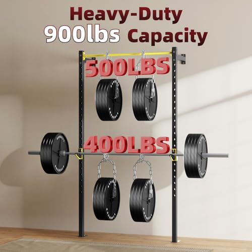 SPORTSOUL Wall Mounted Power Cage, 900lbs Squat Rack with Pull Up Bar for Home Gym, Space-Saving 2"x2" Pull-Up Station with Adjustable J-Hooks for Garage & Apartment - color: Yellow