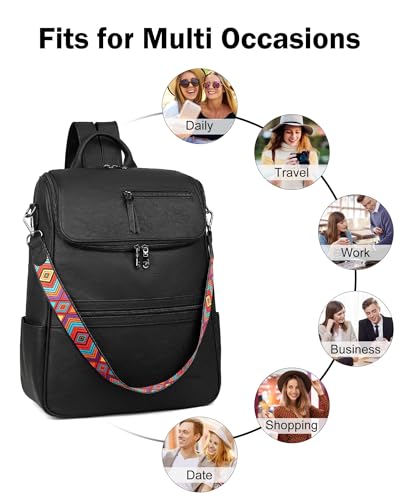 FADEON Laptop Backpack for Women Leather Travel Backpack with Laptop Compartment, Designer PU Shoulder Laptop Bag Black - color: Black Retro Style