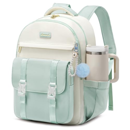 LOVEVOOK School Backpack for Teen Girls, Cute Student Backpack Purse Kid Bookbag for 8-17 Teenage, Back to School Backpacks Fit 15.6 Inch Laptop, College Travel Bag with Large Water Bottle Holder - color: Beige-mint Green, size: 15.6 Inch