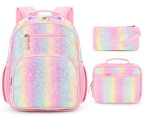 mibasies Girls Backpack with Lunch Box: 3PCS Kids Backpack Set for Kindergarten Elementary - 15 IN Cute Bookbag - Glitter Rainbow - color: Glitter Rainbow