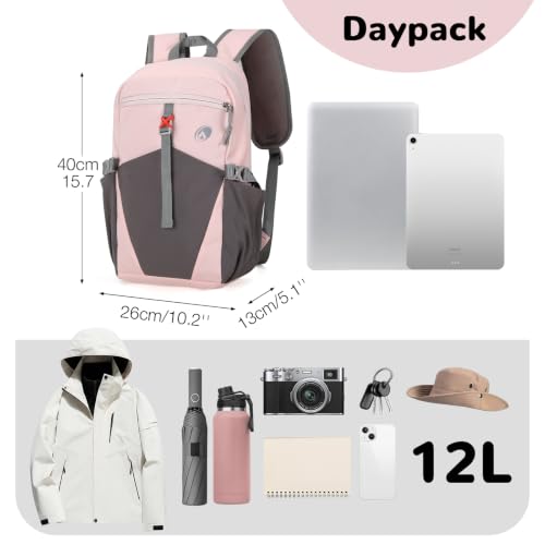 12L Hiking Backpack with Padded Straps for Kids, Waterproof Small Hiking Backpack with Chest Strap for Women, Mini Lightweight Kid Travel Backpacks Day Pack, Pink - color: Pink