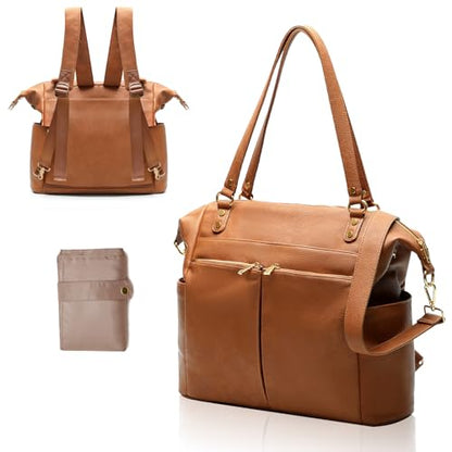 MOMINSIDE Diaper Bag Tote, 4 in 1 Leather Diaper Bag Backpack with 13 Pockets, Convertible Baby Bag for mom,Hospital bag Pañaleras Para Bebe, Changing Pad, 4 Large Insulated Pockets(Brown) - color: Brown