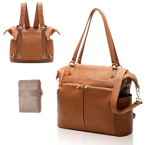 MOMINSIDE Diaper Bag Tote, 4 in 1 Leather Diaper Bag Backpack with 13 Pockets, Convertible Baby Bag for mom,Hospital bag Pañaleras Para Bebe, Changing Pad, 4 Large Insulated Pockets(Brown) - color: Brown