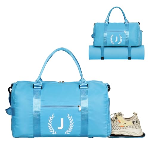 Gym Bag for Women, Personalized Duffle Bag with Shoe Compartment, Sports Bag for Yoga & Dance with Wet Pocket and Mat Strap(AquaBlue,J) - color: AquaBlue, size: J