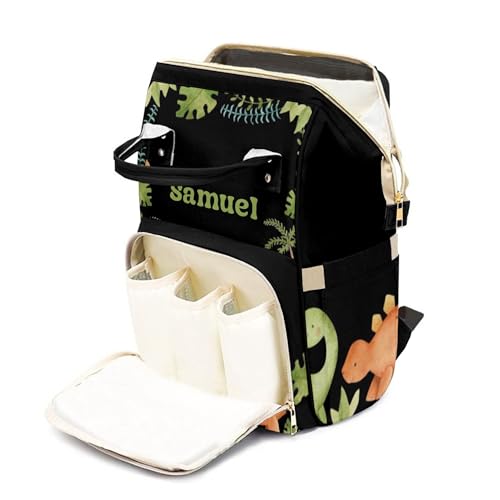Personalized Diaper Bag with Name, Custom Cute Green Dinosaur Theme Bag, Black Monogram Nappy Backpack with Thermal Pockets for Adults, Large Capacity Waterproof Diaper Bag - color: Cute Dinosaur