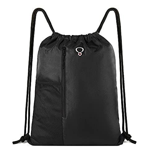 BeeGreen Black Drawstring Backpack Gym Bag For Men Women String Sports Backpack With Water Bottle Mesh Pockets And 2 Zippered Pocket Large Cinch Sackpack Workout Bag 16" x 20" - color: Black, style: Drawstring With Mesh Pocket