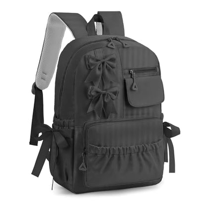 Girls Elementary School Backpack with Bows for Kids Kawaii Coquette Bookbag - color: Black, size: Medium (15"h)