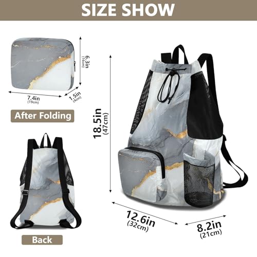 Drawstring Bags For Men Women Summer Camp Bag With Pockets String Back Bag Wet and Dry Separation Marble Gray White - color: Color 17