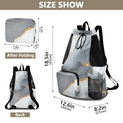 Drawstring Bags For Men Women Summer Camp Bag With Pockets String Back Bag Wet and Dry Separation Marble Gray White - color: Color 17