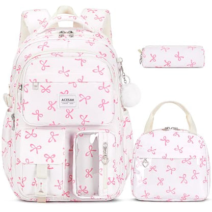 ACESAK Backpack for Girls - Girls Backpack with Lunch Bag & Pencil Pouch for Teen Kids Laptop Backpack for Women, Elementary Middle High School Bookbag Travel Daypack (Beige Bow) - color: Beige Bow