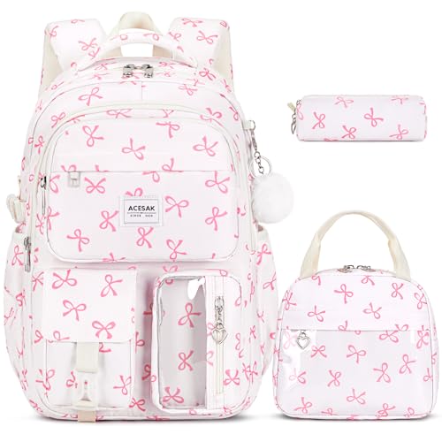 ACESAK Backpack for Girls - Girls Backpack with Lunch Bag & Pencil Pouch for Teen Kids Laptop Backpack for Women, Elementary Middle High School Bookbag Travel Daypack (Beige Bow) - color: Beige Bow