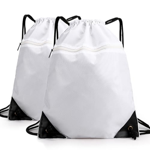 Drawstring Backpack Bag, Waterproof Draw String Back Sack with Zip Pocket, Gym Drawstring Bags Swim Bag for Men Women, Pack of 2, White - color: White, style: Backpack a