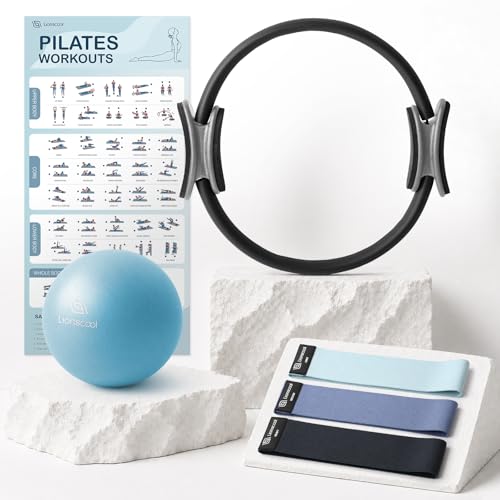 LIONSCOOL Pilates Ring Set – 14" Anti-Deformation Magic Circle with Padded Handles, Mini Ball, Resistance Bands, Guide & Bag - color: Pilates Ring Set - Deep Dive