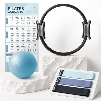 LIONSCOOL Pilates Ring Set – 14" Anti-Deformation Magic Circle with Padded Handles, Mini Ball, Resistance Bands, Guide & Bag - color: Pilates Ring Set - Deep Dive