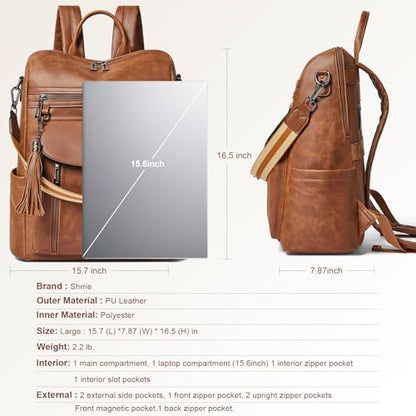 Shrrie Laptop Backpack for Women 15.6 inch,Travel Leather Backpack Purse Nurse Teacher Carry on Backpack Computer Bag,Professional Water-Resistant College Business Work Casual Daypack,Brown - color: Crazy Horse Brown02
