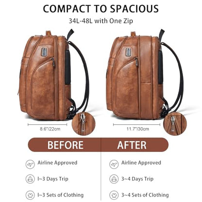 Shrrie 17 Inch Travel Laptop Backpack for Women&Men, Vegan Leather Backpack with USB Charger, Expandable Large Capacity Computer Backpack Purse for Work Business Travel, Brown - color: Two-toned Brown
