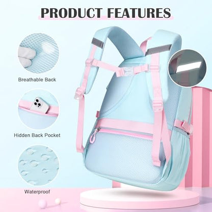 DIGOBAY Backpacks for Girls - 3PCS Girls Backpack with Lunch Box & Pencil Pouch School Backpacks for Elementary Middle High College School Bookbag for Teen Girl Kids Students Aquamarine-pink - color: Aquamarine-pink
