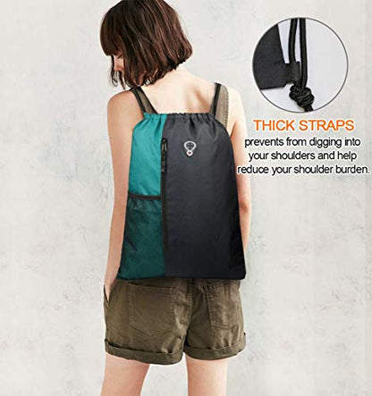 Drawstring Backpack Sports Gym Bag for Women Men Large Lightweight Backpack with Zipper and Water Bottle Mesh Pockets (Black/Teal) - color: Black/Teal, style: Drawstring With Mesh Pocket