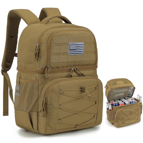 Tactical Double Deck Cooler Backpack for Men, Insulated Cooler Bag with 2 Compartment, 36 Cans Soft Military Insulated Lunch Backpack Waterproof Leakproof for Beach, Camping, Picnic, Hiking - color: Brown