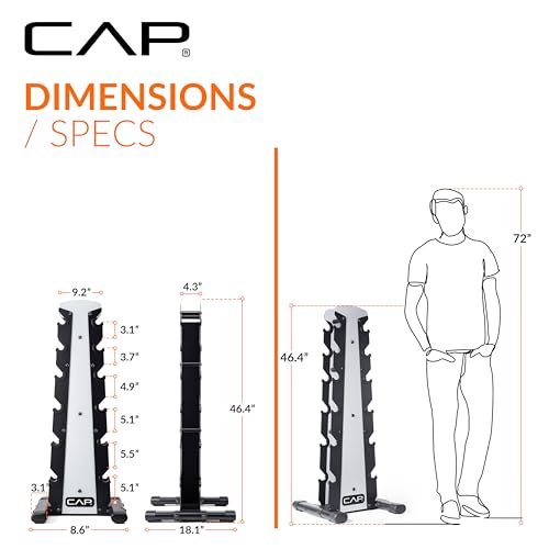 CAP Rubber Coated Hex Dumbbell Set with Storage Rack | 100–210 lb Options, Space-Saving Vertical Compact Storage for Home Gym Strength Training - size: 210 lb - Set - Silver Rack, style: 12-Sided Black Handle