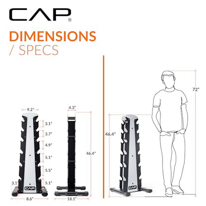CAP Rubber Coated Hex Dumbbell Set with Storage Rack | 100–210 lb Options, Space-Saving Vertical Compact Storage for Home Gym Strength Training - size: 210 lb - Set - Silver Rack, style: 12-Sided Black Handle