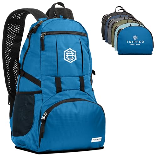 TRIPPED Travel Gear Traveling Backpack- Foldable Collapsible Lightweight Backpack for Travel (Light Blue) 35 liters - color: Tropical Blue