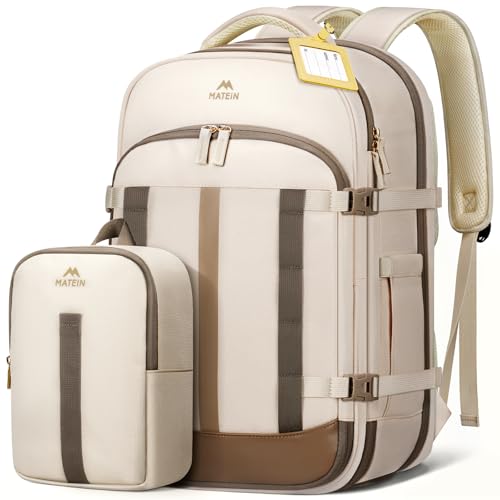 MATEIN HER 18x14x8 Personal Item Backpack for Frontier Airline, Waterproof Travel Backpack for Women with Luggage Tag & Rain Cover Fit 17.3" Laptops, Lightweight TSA Approved Underseat Bag, 2 Pcs Set - color: Beige