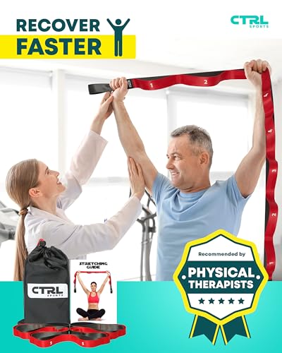 Stretching Strap with Loops - Non Elastic Stretch Band for Physical Therapy, Yoga Strap for Stretching Equipment, Stretch Bands for Exercise and Flexibility - Fascia, Hamstring & Leg Stretcher Belt - style: 10 Loops - Red