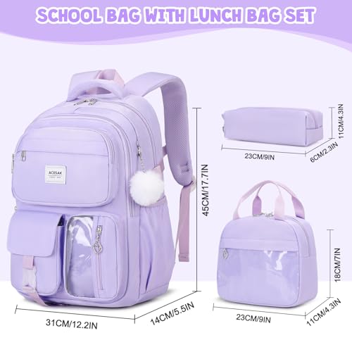 ACESAK Backpack for Girls - Girls Backpack with Lunch Bag & Pencil Pouch for Teen Kids Laptop Backpack for Women, Elementary Middle High School Bookbag Travel Daypack (Purple) - color: Purple