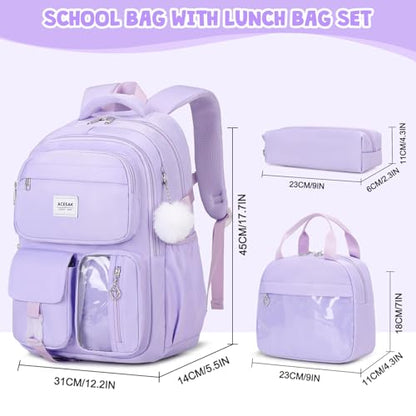 ACESAK Backpack for Girls - Girls Backpack with Lunch Bag & Pencil Pouch for Teen Kids Laptop Backpack for Women, Elementary Middle High School Bookbag Travel Daypack (Purple) - color: Purple