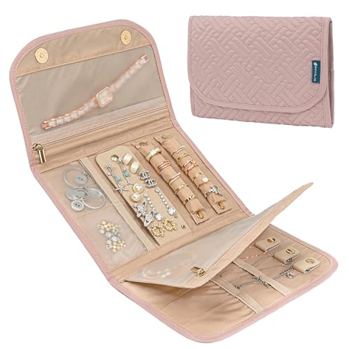 PAVILIA Travel Jewelry Case Organizer, Foldable Jewelry Roll Bag for Earrings, Rings, Necklaces, Bracelets, Accessories, Compact Travel Pouch Wallet for Women, Anti-Tangle (Quilt Pink) - color: Quilt Pink