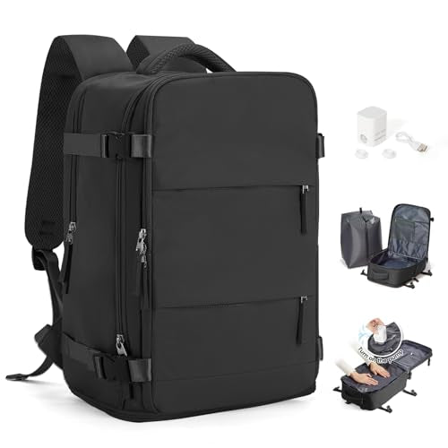 Travel Backpack for Women Men, Flight Approved Carry On Backpack with Compression Vacuum Storage Bags, 18x14x8 inches Personal Item Travel Bag with Pump Black - color: Black