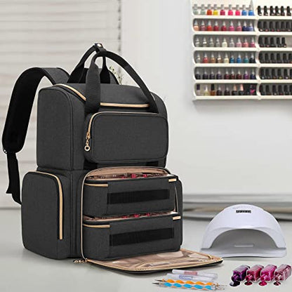 LUXJA Nail Polish Organizer (Backpack Version) Holds 70 Bottles and a Nail Lamp, Travel Nail Bag with 2 Removable Cases and Tools Storage Pockets (Patent Pending), Black - color: Black