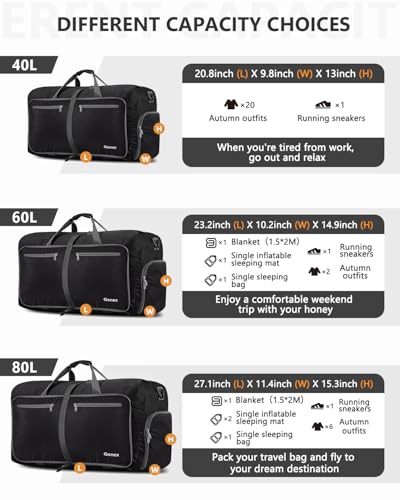 Gonex Large Foldable Travel Duffle Bag with Shoes Compartment, Packable Lightweight Water Repellent Duffel Bag for Camping Gym Weekender Bag - color: Black, size: 80L
