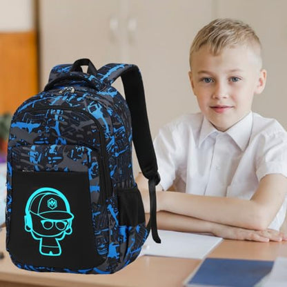 LEDAOU Girls Boys Backpack with Lunch Box, 3-Piece School Bookbag Set - color: Graffiti Blue Splicing Black