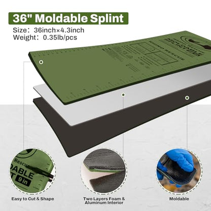 RHINO RESCUE First Aid Splint 36" X 4.3" Green-Gray, Keep Bones in Position (4, Folded) - color: Green