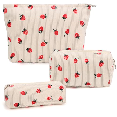 3 Pcs Makeup Bag Cosmetic Bag Set for Girls Women Travel Organizer Bathroom Toiletry Pouch Large Capacity Storage Bag (Strawberry Beige) - color: Strawberry Beige