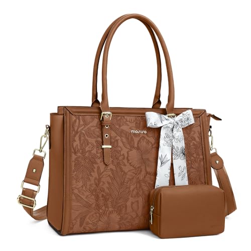 MOSISO Laptop Bag for Women, 17-17.3 inch PU Leather Tote Bag Compatible with MacBook, HP, Dell, Asus Notebook, Front Embossed Retro Hibiscus Computer Bags with Silk Scarf&Clutch Purse, Brown - color: Brown, size: 17.3 inch
