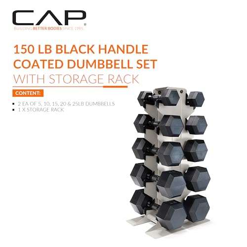 CAP Dumbbell Set with Rack, Rubber Coated Hex Free Weight Set | 100–300 lb Options, Vertical Space-Saving Storage for Home Gym Strength Training - size: 150 lb Set - Light Gray Rack, style: Comfort Handle