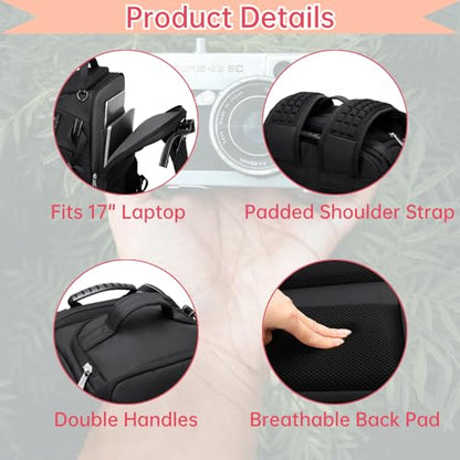 Camera Backpack Large, Waterproof Camera Bag for Mirrorless and DSLR with TSA Lock,Quick Access,17-Inch Laptop Compartment, Adjustable Straps - Fits Camera Stabilizer,Drone, Black