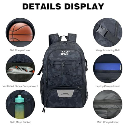 WOLT Basketball Backpack Large Sports Bag with Separate Ball Holder & Shoes Compartment, Best for Basketball, Soccer,Gym - color: Camo Black