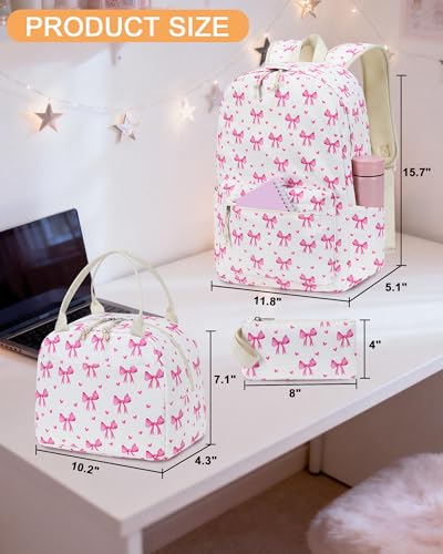 LOIDOU Backpack for Teen Girls Bookbags School Backpack with Lunch Box and Pencil Case 3 in 1 School Bags Set - color: Bow Tie Pink Beige